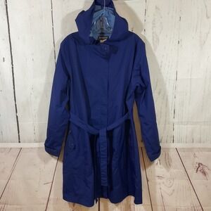 Patagonia Women XL Arborist Trench Coat Blue Hooded Belted Rain Jacket Gorpcore